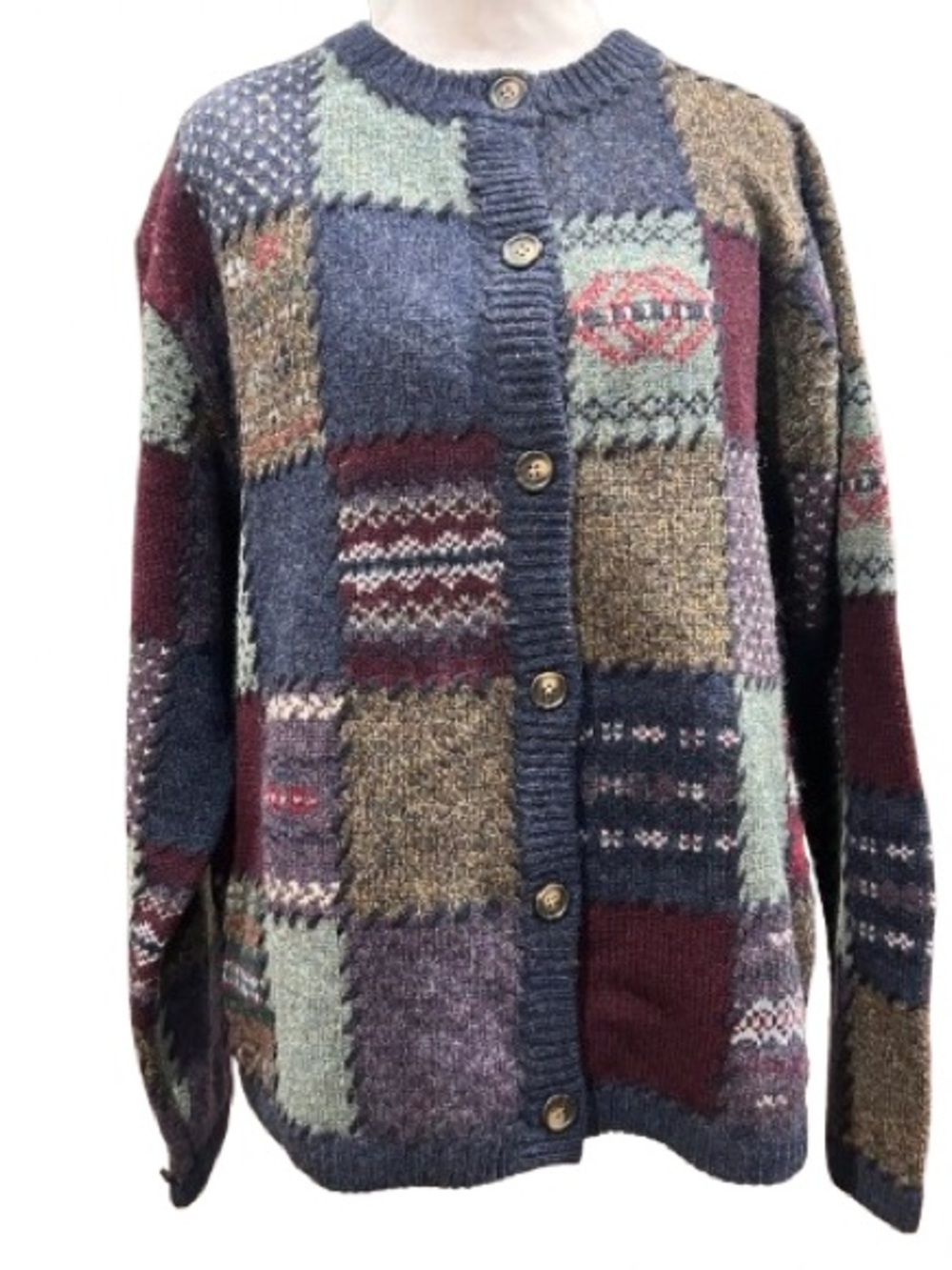 VTG 90s Eddie Bauer Wool Patchwork Cardigan Cabin Sweater Heritage Cottagecore
